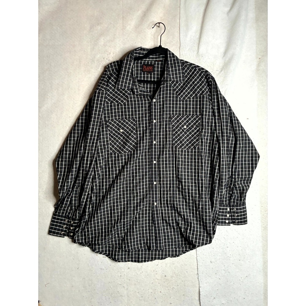 Plains Western Shirt Men XL Black White Plaid Double Pockets Collared Pearl Snap